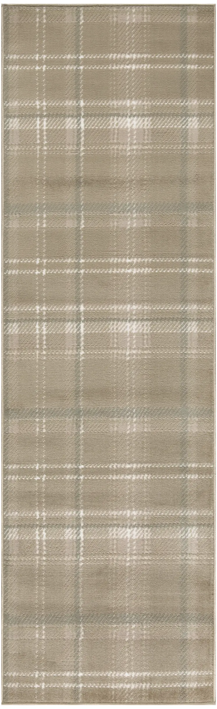 10' Taupe and Ivory Plaid Runner Rug