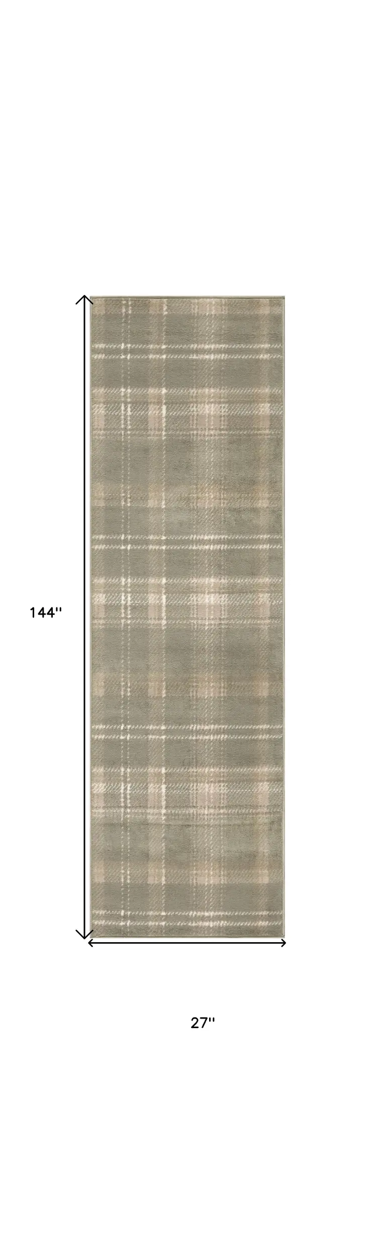 12' Olive Green and Ivory Plaid Runner Rug