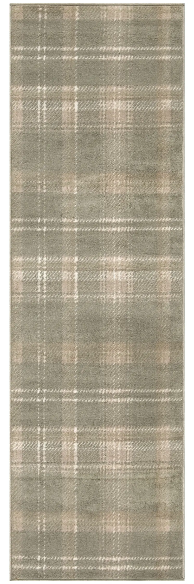 12' Olive Green and Ivory Plaid Runner Rug