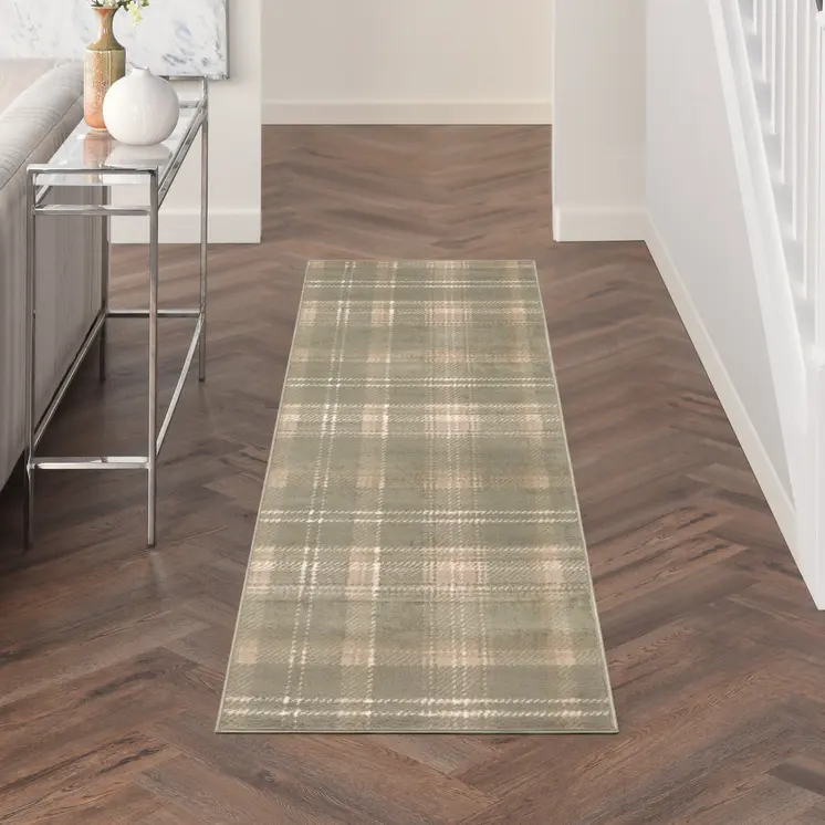 12' Olive Green and Ivory Plaid Runner Rug