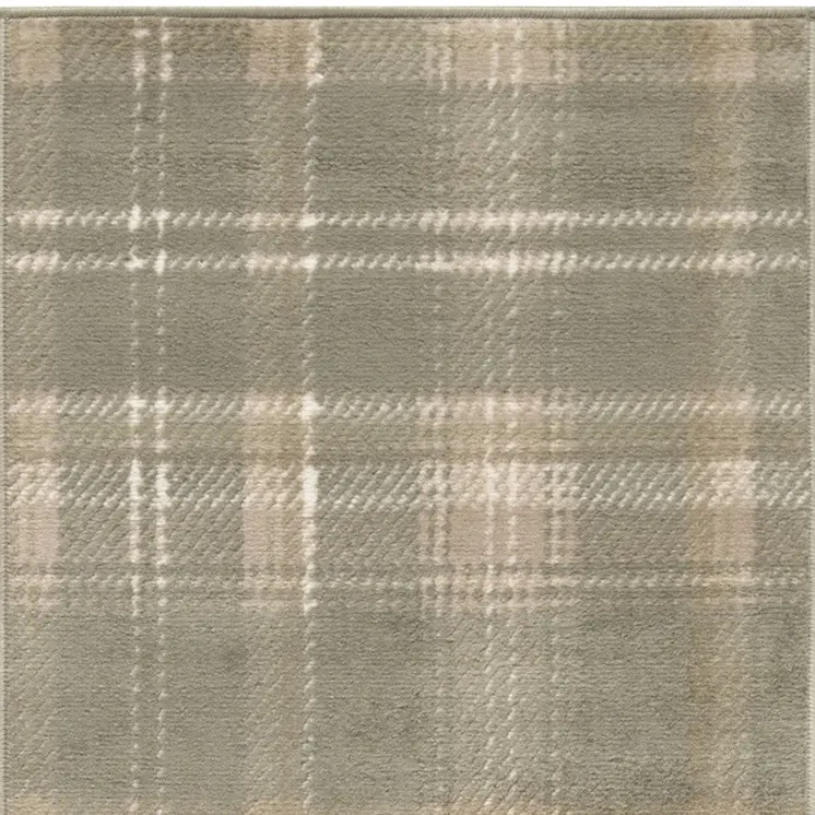 12' Olive Green and Ivory Plaid Runner Rug
