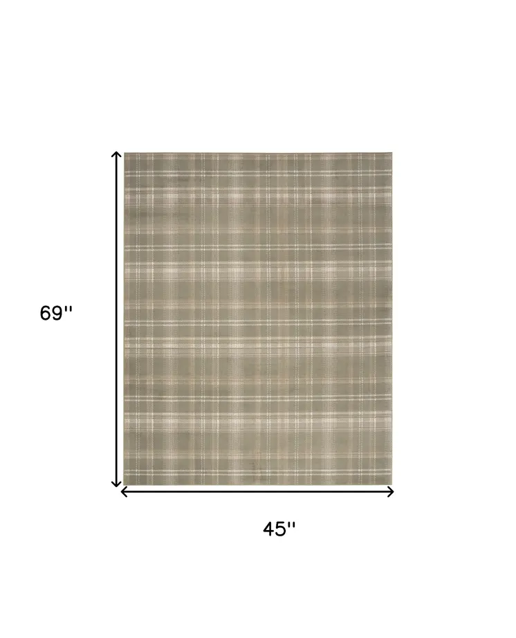 4' X 6' Olive Green and Ivory Plaid Area Rug