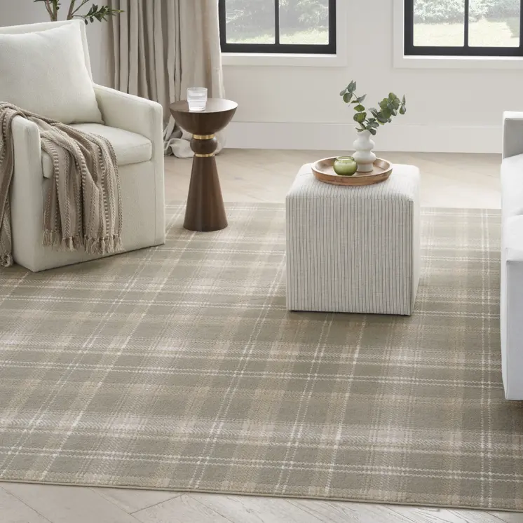 6' X 9' Olive Green and Ivory Plaid Area Rug