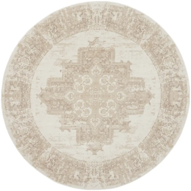 8' Ivory Floral Power Loom Round Rug