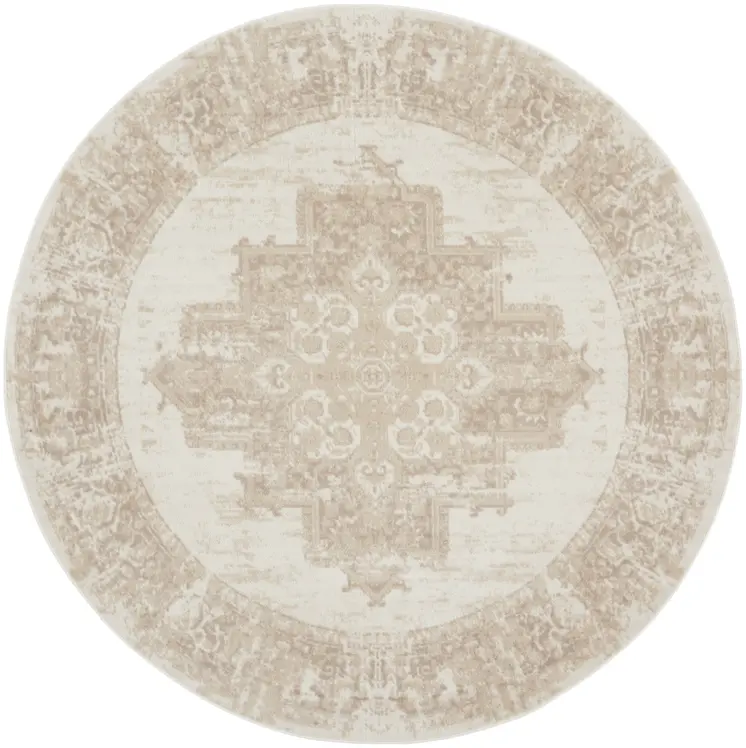 8' Ivory Floral Power Loom Round Rug