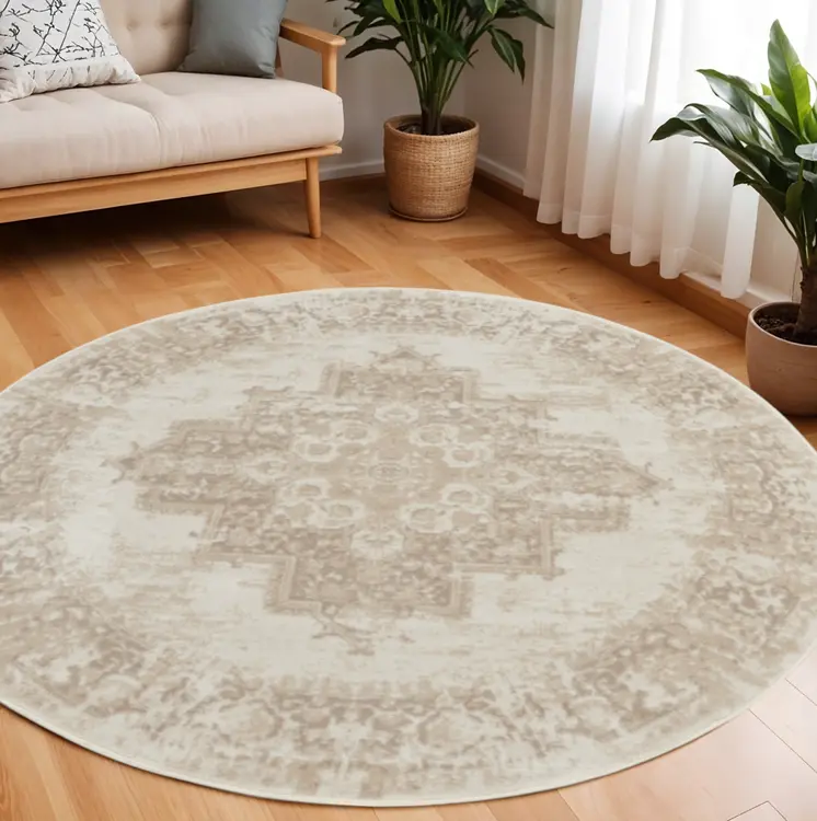 8' Ivory Floral Power Loom Round Rug