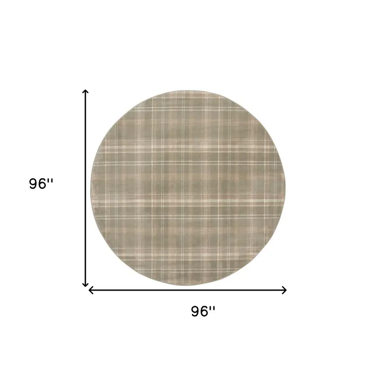 8' Olive Green and Ivory Plaid Round Rug