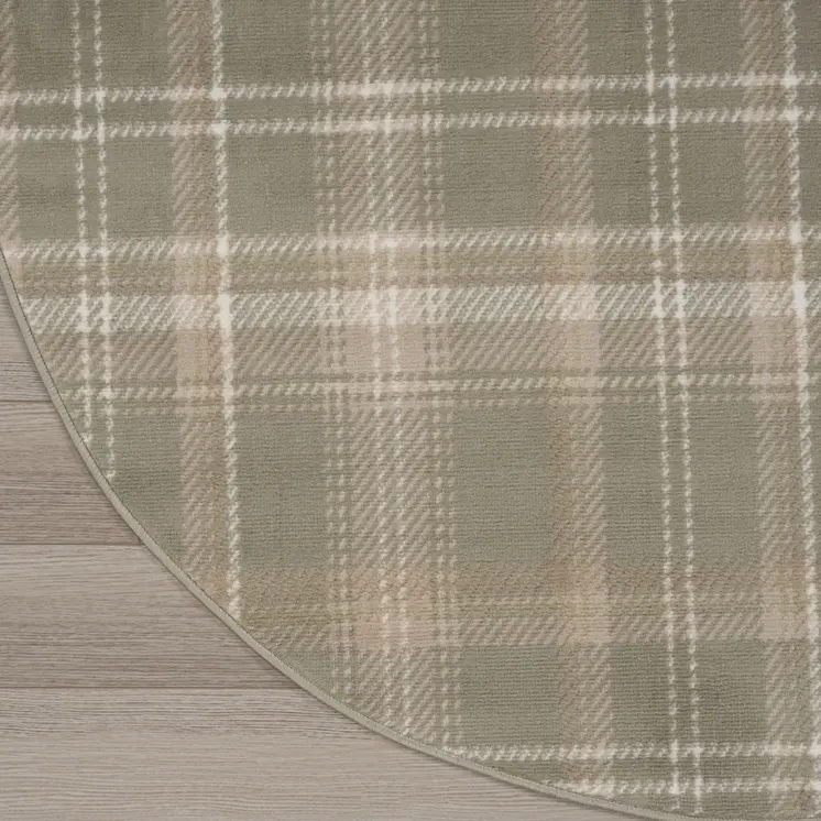 8' Olive Green and Ivory Plaid Round Rug