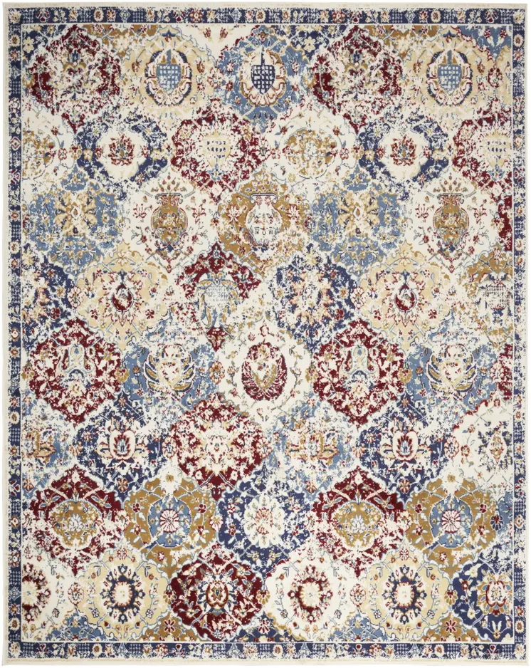 9' X 12' Ivory Red and Blue Geometric Distressed Area Rug