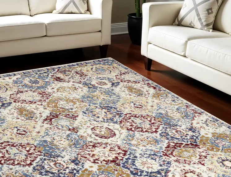 9' X 12' Ivory Red and Blue Geometric Distressed Area Rug