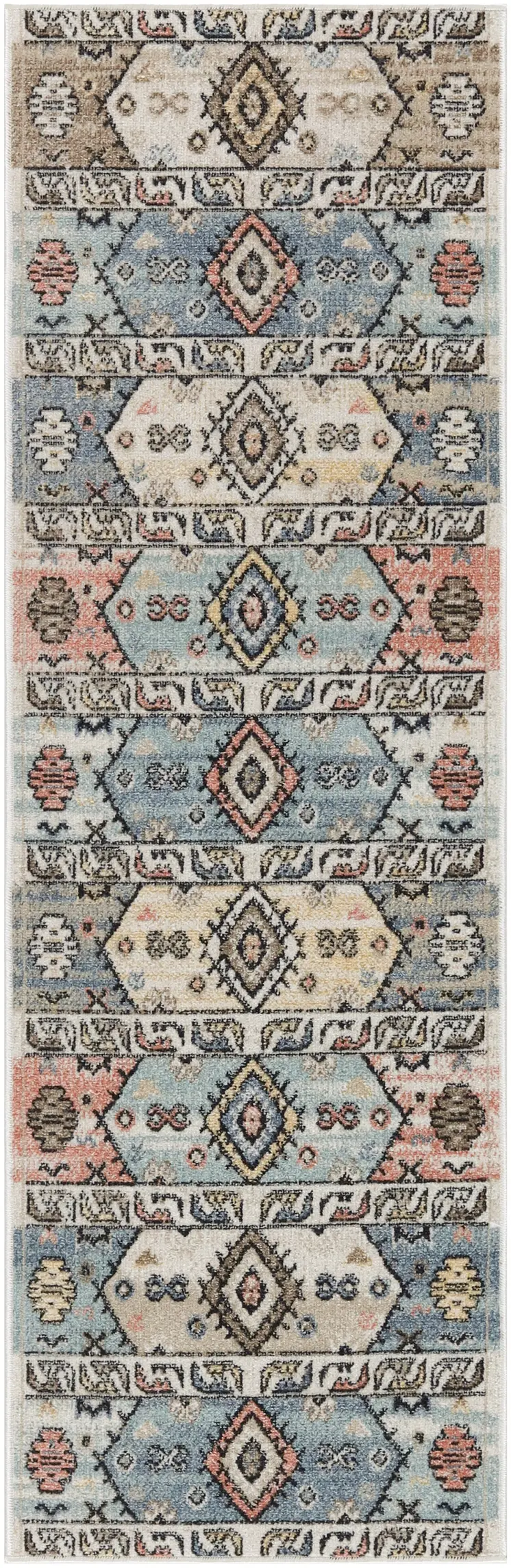 6' Ivory Tan And Blue Geometric Flatweave Runner Rug