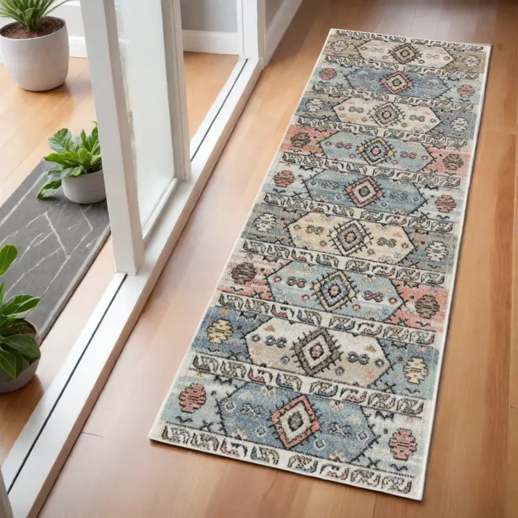 6' Ivory Tan And Blue Geometric Flatweave Runner Rug