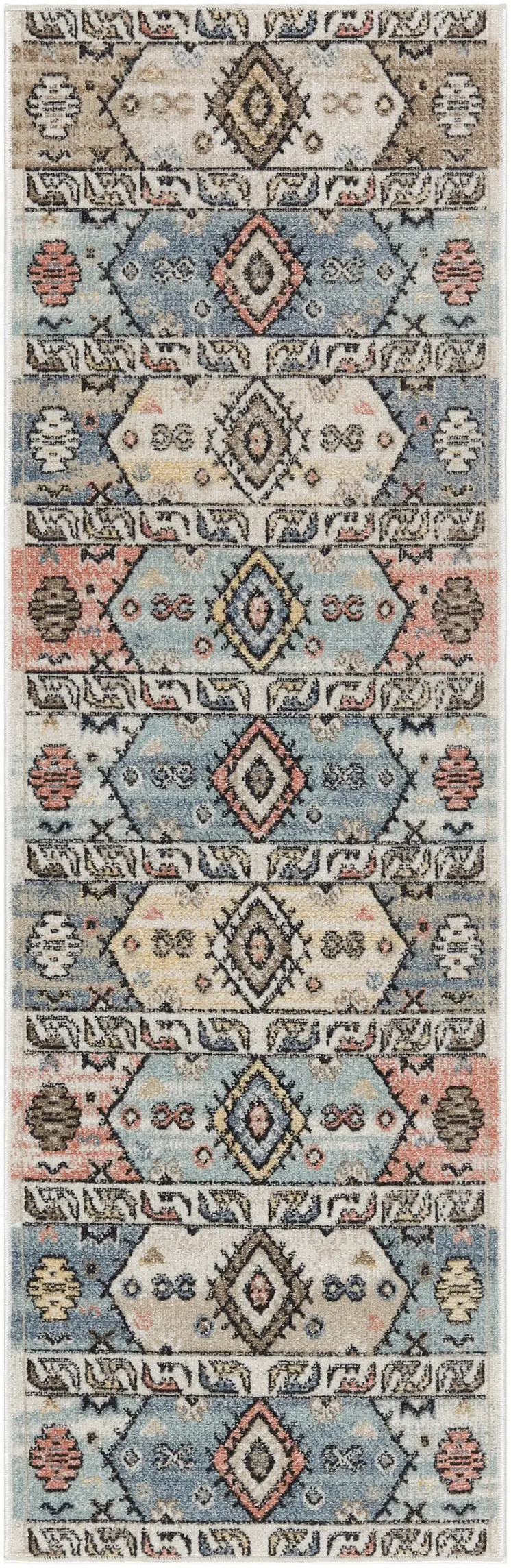 6' Ivory Tan And Blue Geometric Flatweave Runner Rug