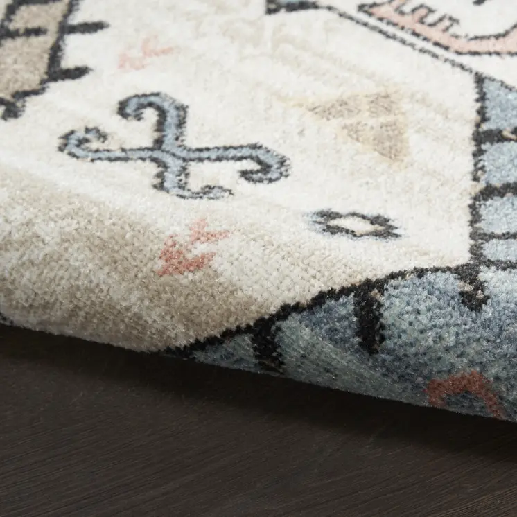 6' Ivory Tan And Blue Geometric Flatweave Runner Rug