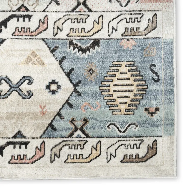 6' Ivory Tan And Blue Geometric Flatweave Runner Rug