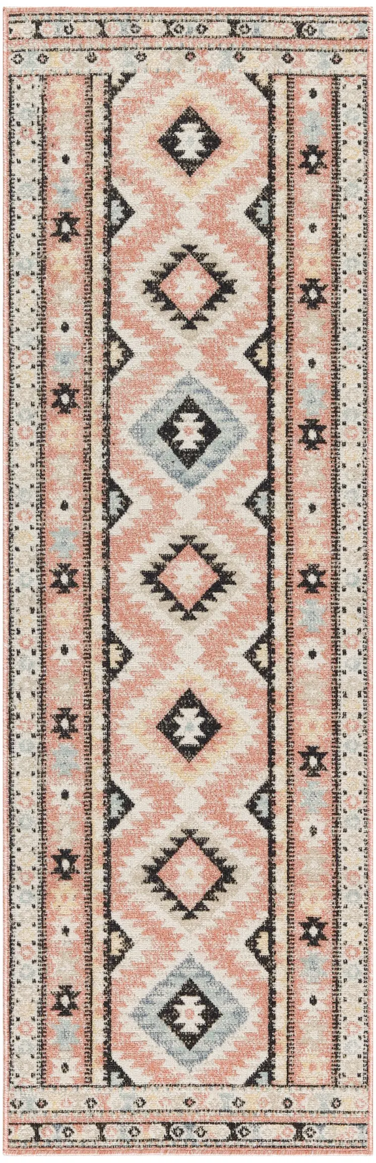 6' Ivory Pink And Black Geometric Flatweave Runner Rug
