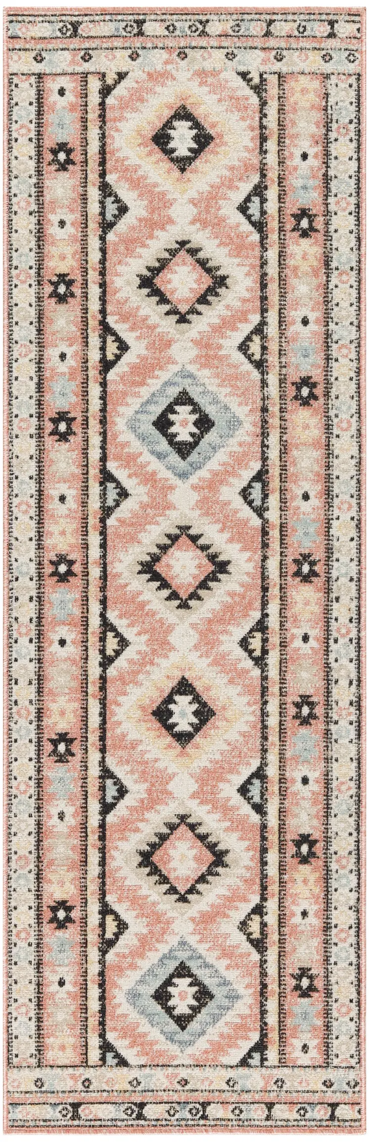 6' Ivory Pink And Black Geometric Flatweave Runner Rug