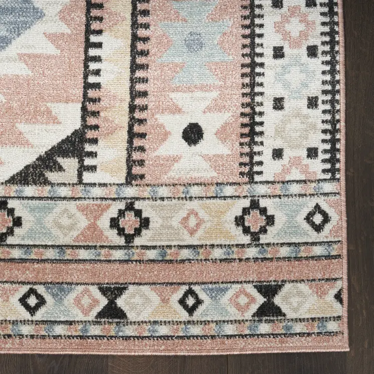 6' Ivory Pink And Black Geometric Flatweave Runner Rug