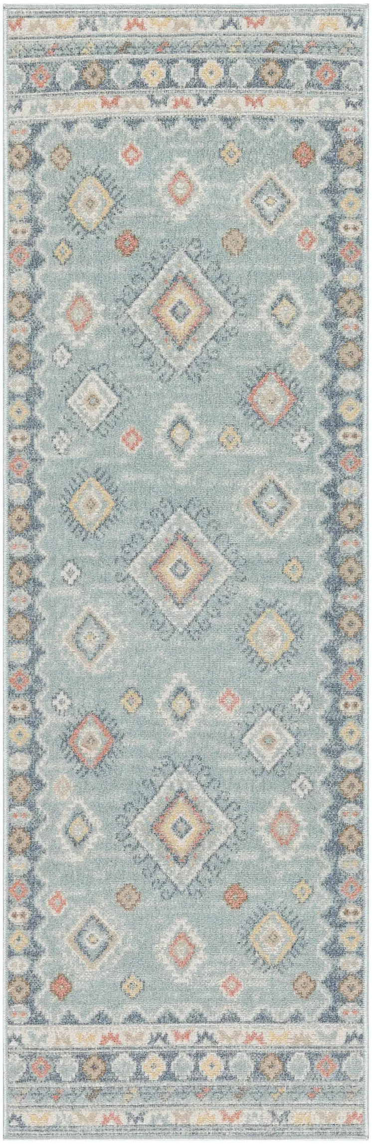6' Blue Light Blue and Orange Geometric Flatweave Runner Rug