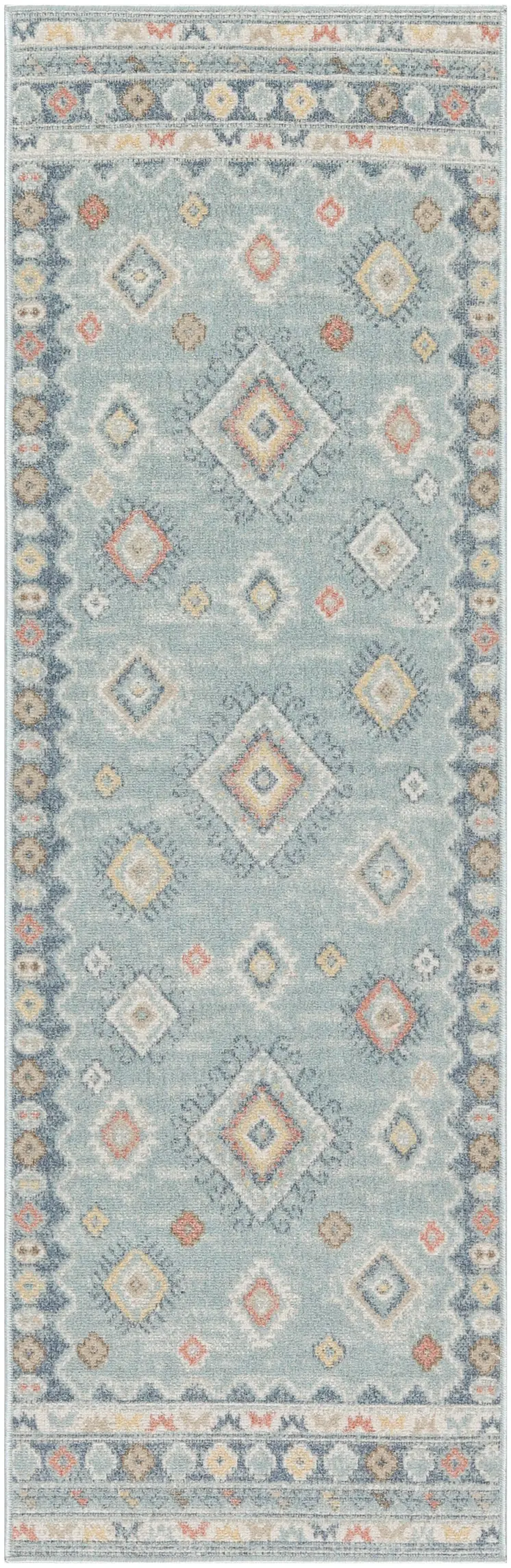 6' Blue Light Blue and Orange Geometric Flatweave Runner Rug