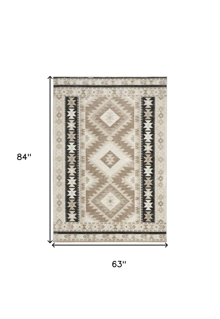 5' X 7' Beige Black And Tan Geometric Flatweave Area Rug