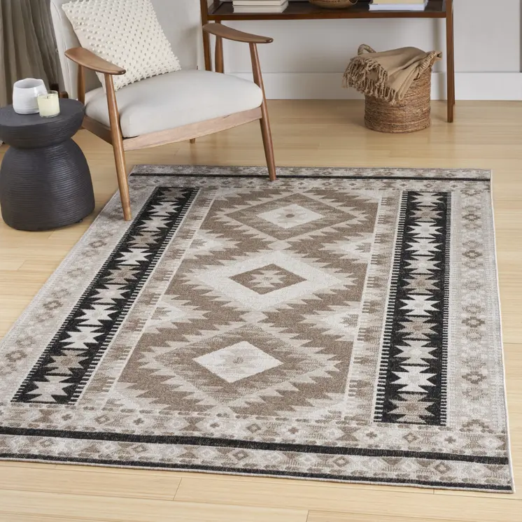 5' X 7' Beige Black And Tan Geometric Flatweave Area Rug
