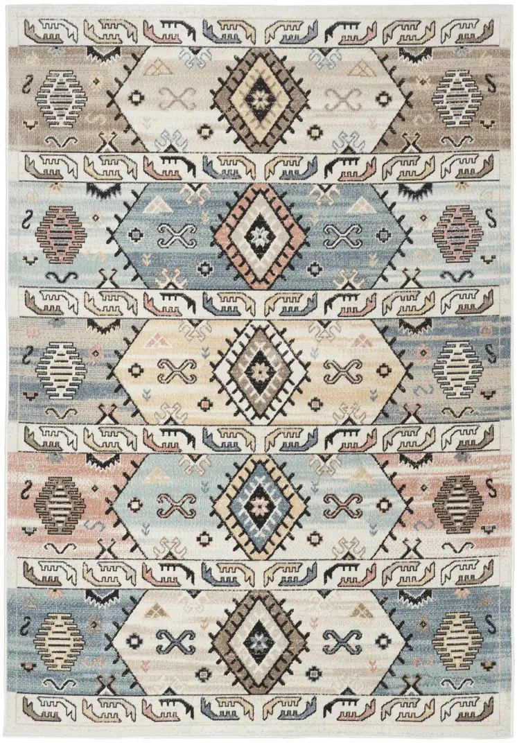 5' X 7' Ivory Tan And Blue Geometric Flatweave Area Rug