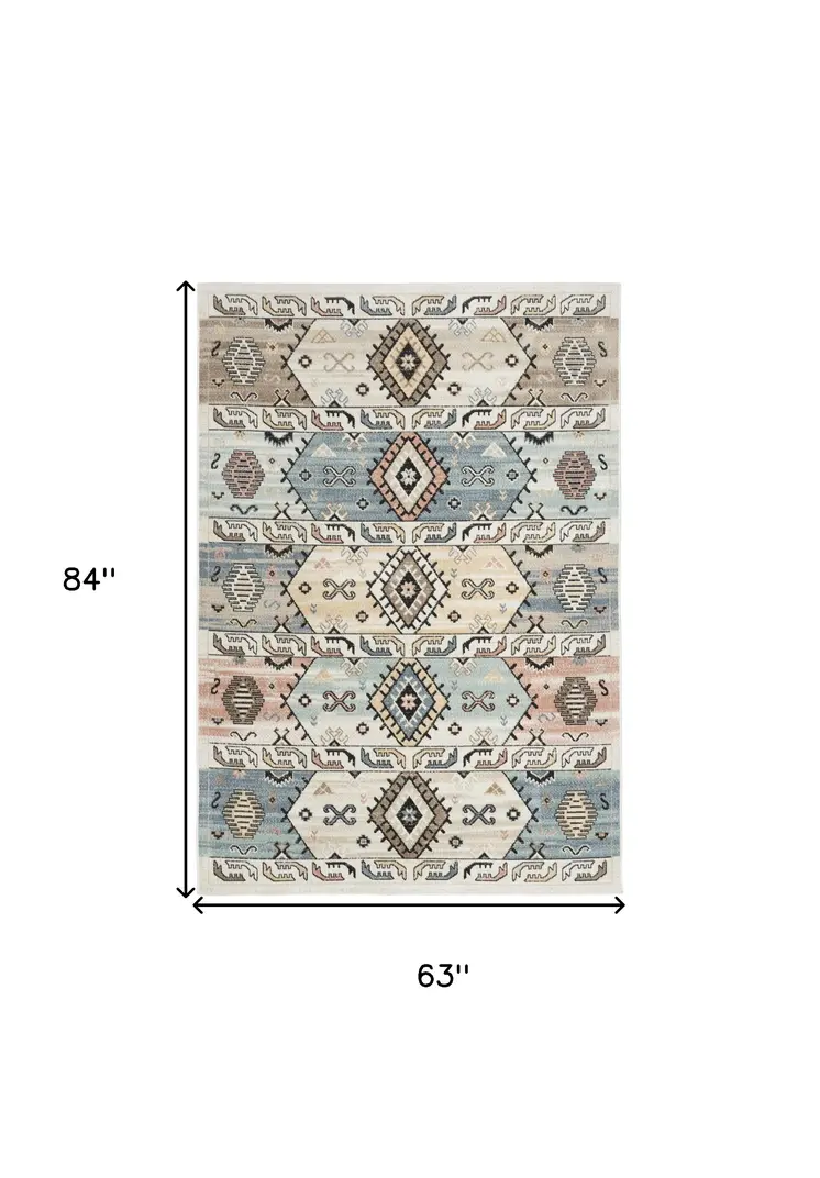 5' X 7' Ivory Tan And Blue Geometric Flatweave Area Rug