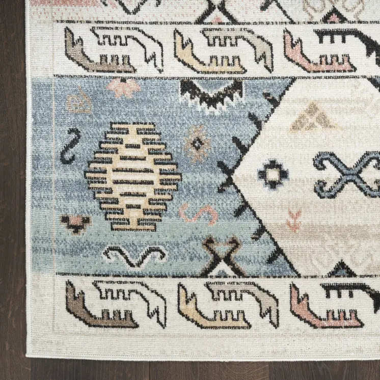 5' X 7' Ivory Tan And Blue Geometric Flatweave Area Rug