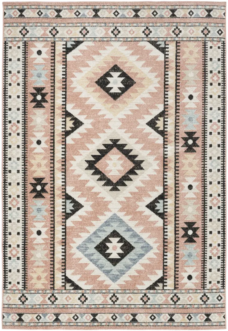 5' X 7' Ivory Pink And Black Geometric Flatweave Area Rug