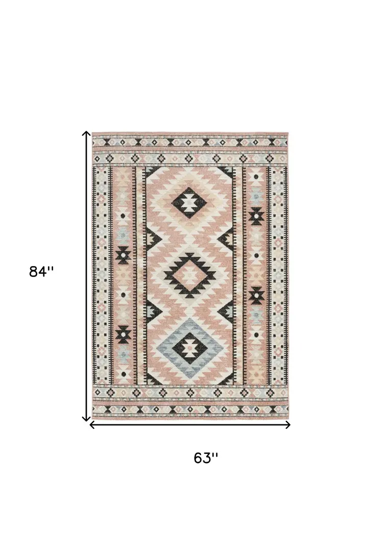 5' X 7' Ivory Pink And Black Geometric Flatweave Area Rug