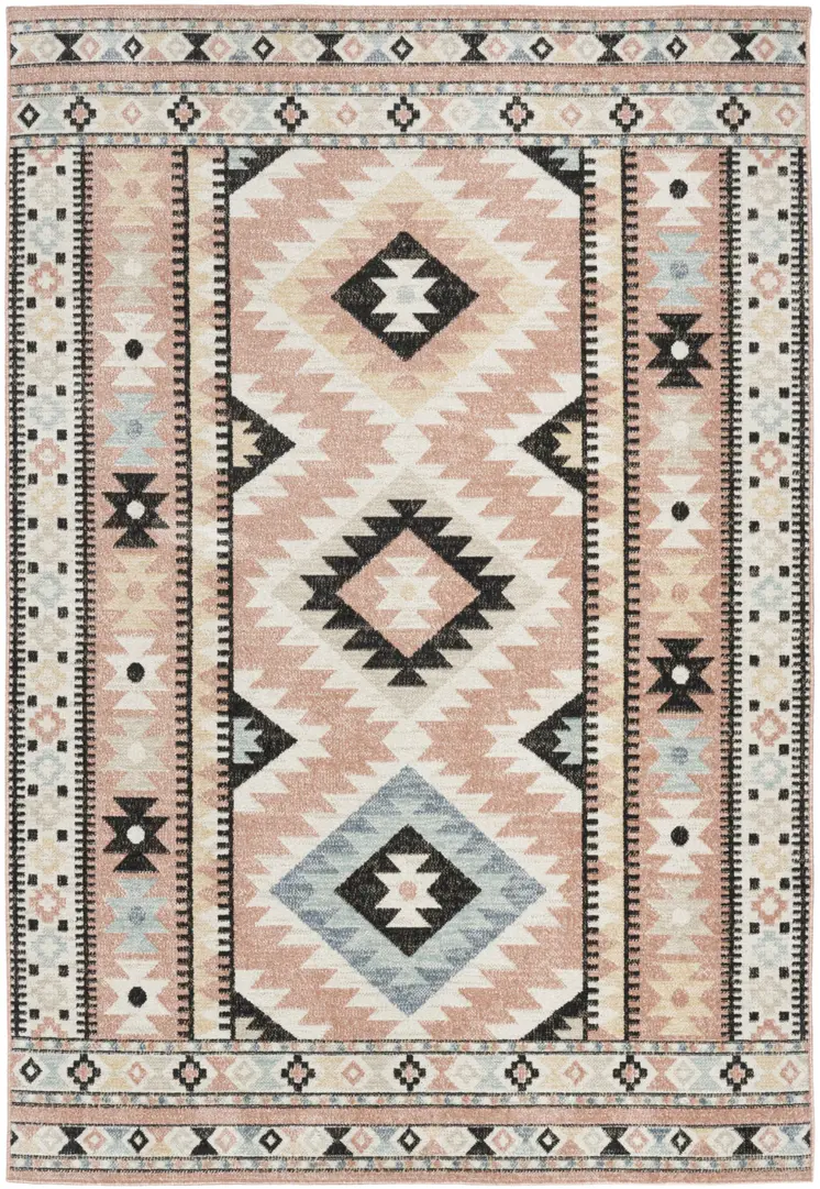 5' X 7' Ivory Pink And Black Geometric Flatweave Area Rug