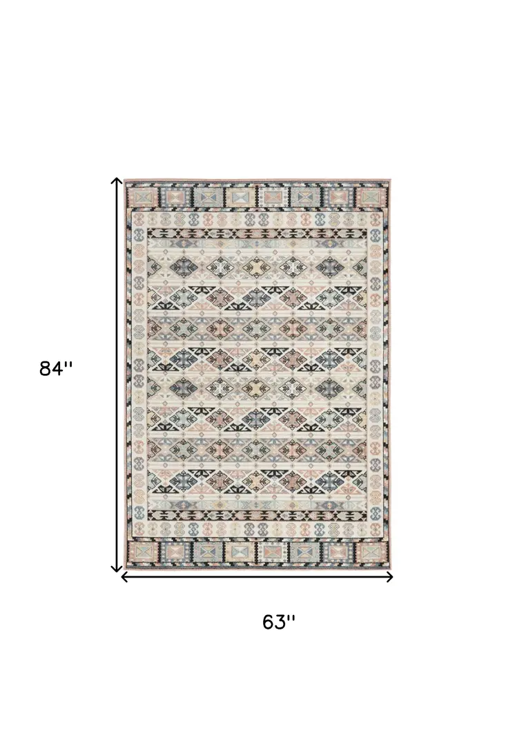 5' X 7' Ivory Tan And Black Geometric Flatweave Area Rug
