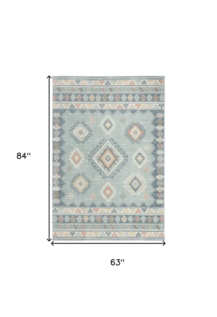 5' X 7' Blue Light Blue and Orange Geometric Flatweave Area Rug