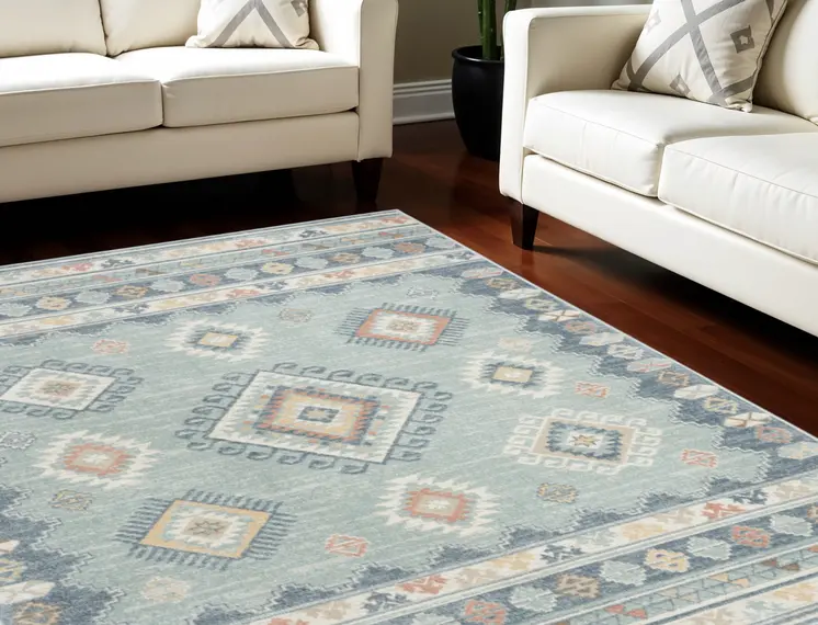 5' X 7' Blue Light Blue and Orange Geometric Flatweave Area Rug