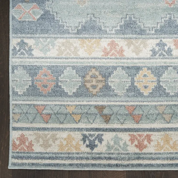 5' X 7' Blue Light Blue and Orange Geometric Flatweave Area Rug