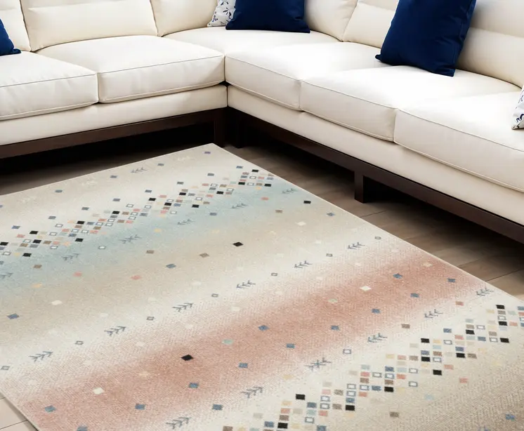 5' X 7' Tan Orange and Ivory Geometric Flatweave Area Rug