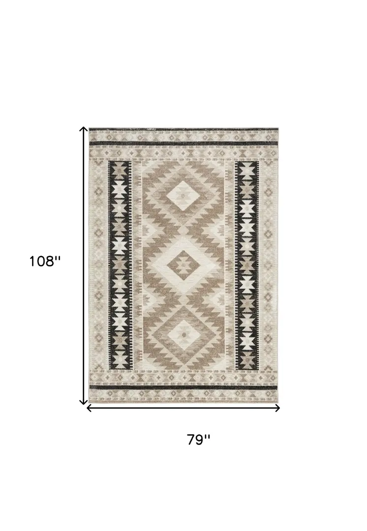 7' X 9' Beige Black And Tan Geometric Flatweave Area Rug