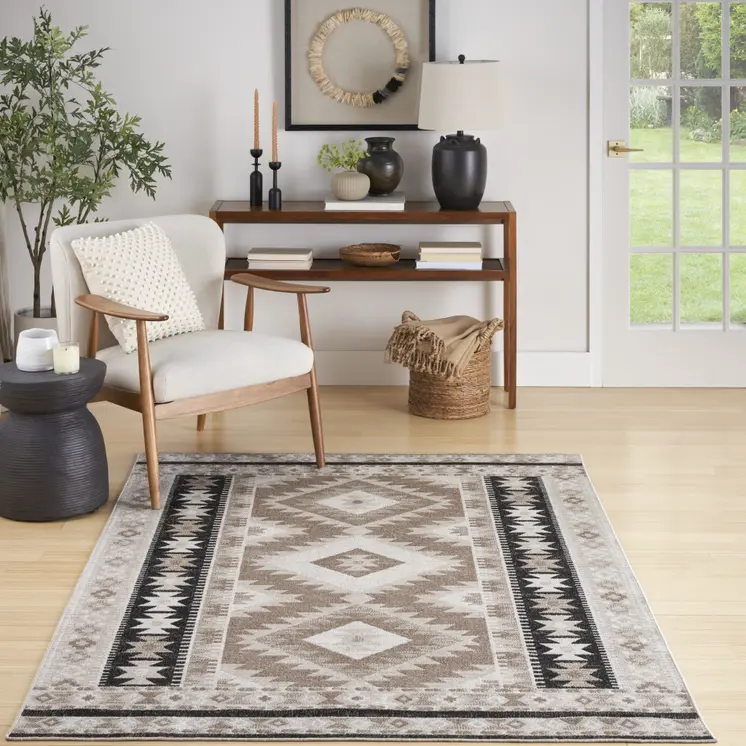 7' X 9' Beige Black And Tan Geometric Flatweave Area Rug