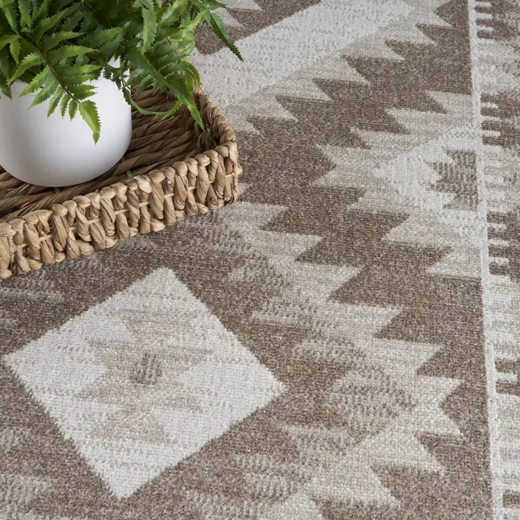 7' X 9' Beige Black And Tan Geometric Flatweave Area Rug