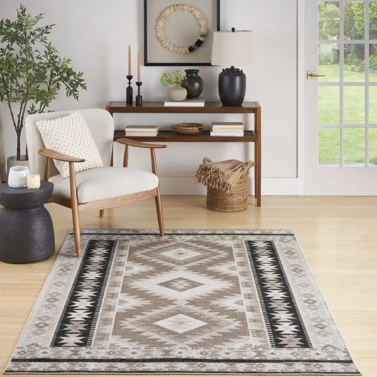 7' X 9' Beige Black And Tan Geometric Flatweave Area Rug