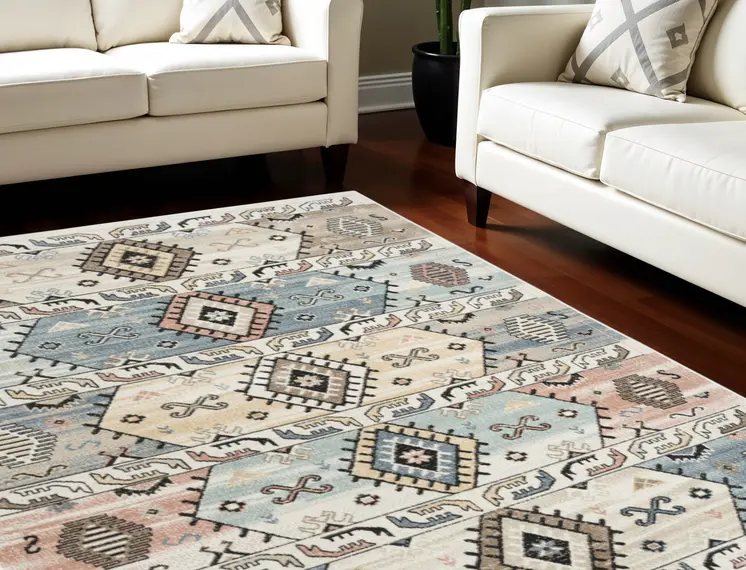 7' X 9' Ivory Tan And Blue Geometric Flatweave Area Rug