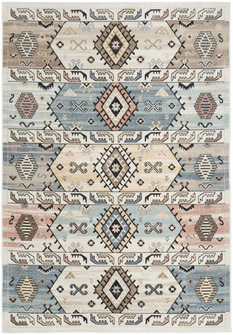 7' X 9' Ivory Tan And Blue Geometric Flatweave Area Rug