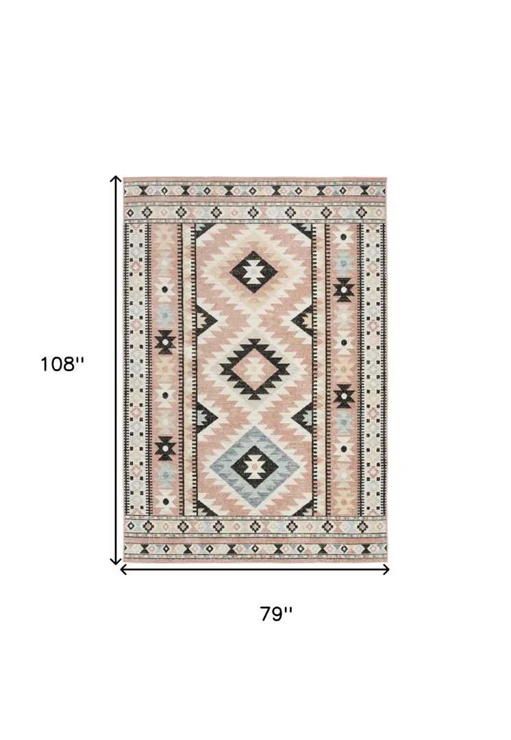 7' X 9' Ivory Pink And Black Geometric Flatweave Area Rug