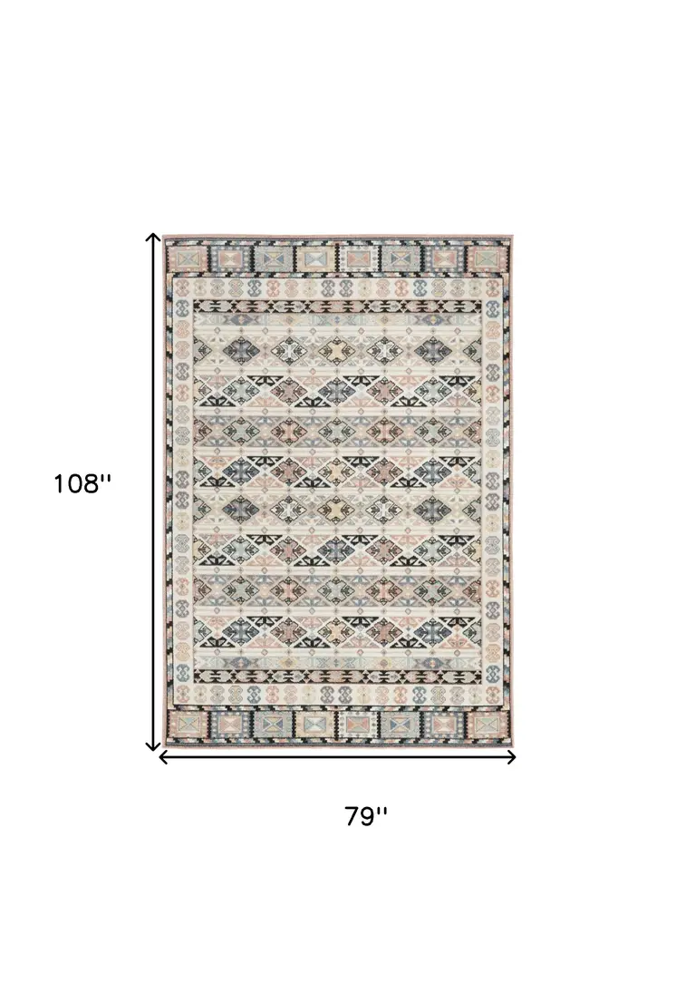 7' X 9' Ivory Tan And Black Geometric Flatweave Area Rug