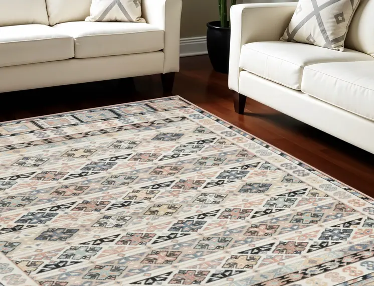 7' X 9' Ivory Tan And Black Geometric Flatweave Area Rug