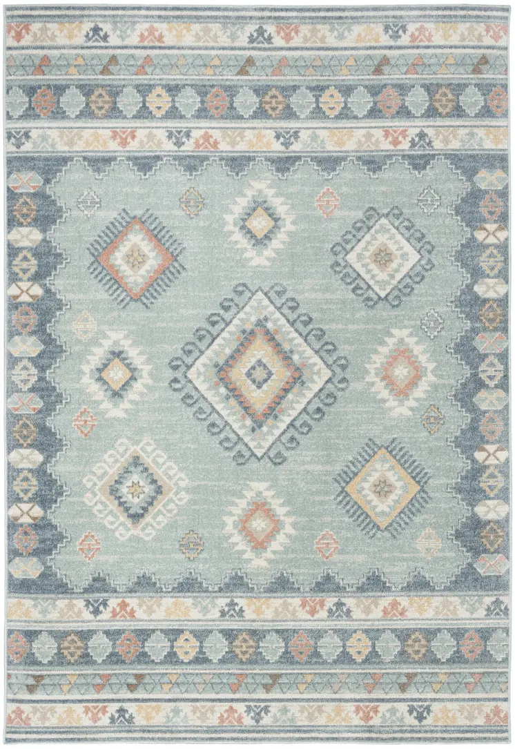 7' X 9' Blue Light Blue and Orange Geometric Flatweave Area Rug