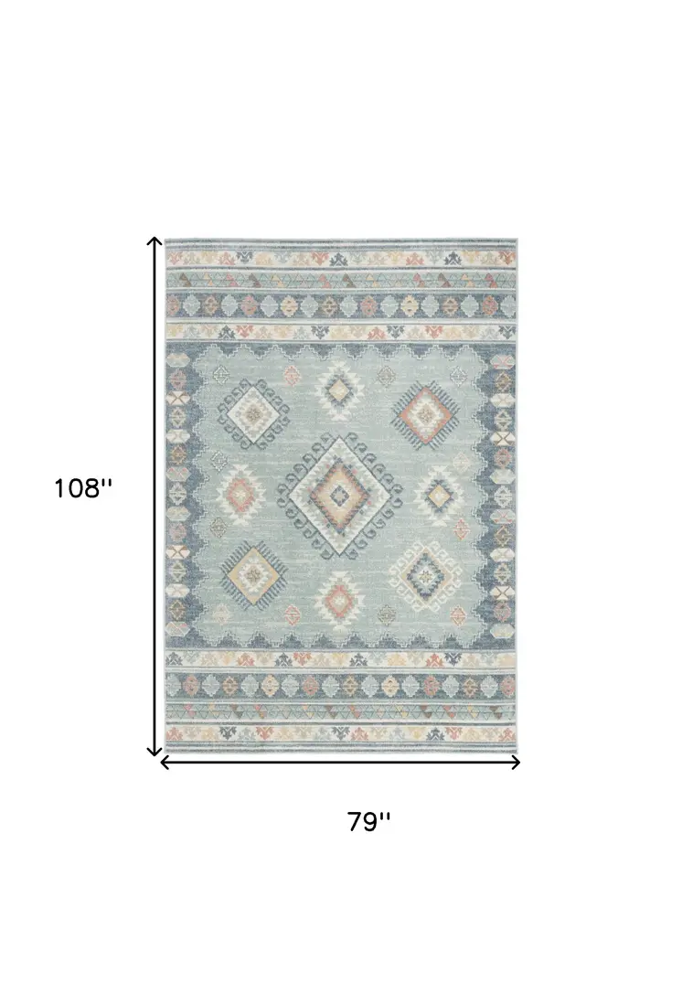 7' X 9' Blue Light Blue and Orange Geometric Flatweave Area Rug