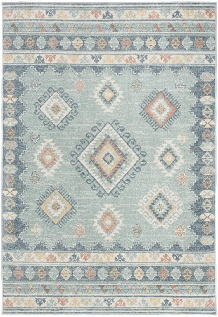 7' X 9' Blue Light Blue and Orange Geometric Flatweave Area Rug
