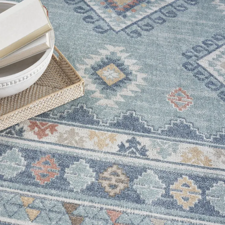 7' X 9' Blue Light Blue and Orange Geometric Flatweave Area Rug